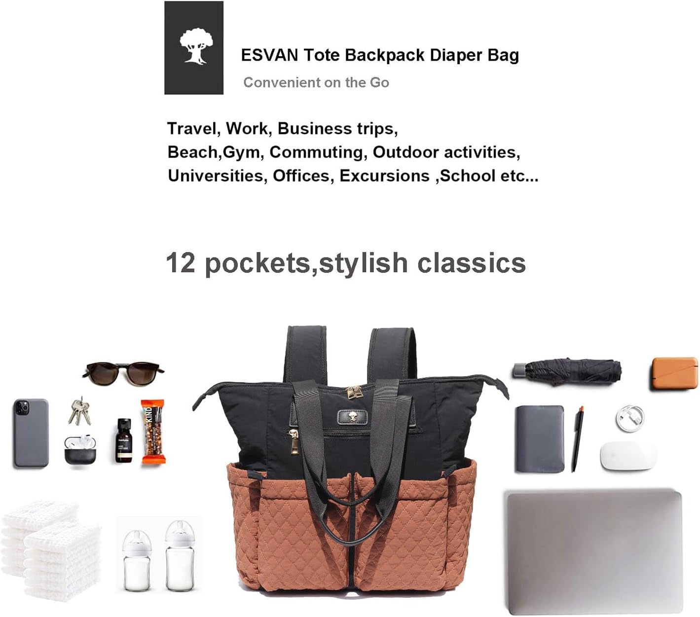 ESVAN Diaper Tote Bag Totepack Backpack 2 in 1 for Women Multifunctional Large Capacity with Insulated Pockets Travel | Multifunctional