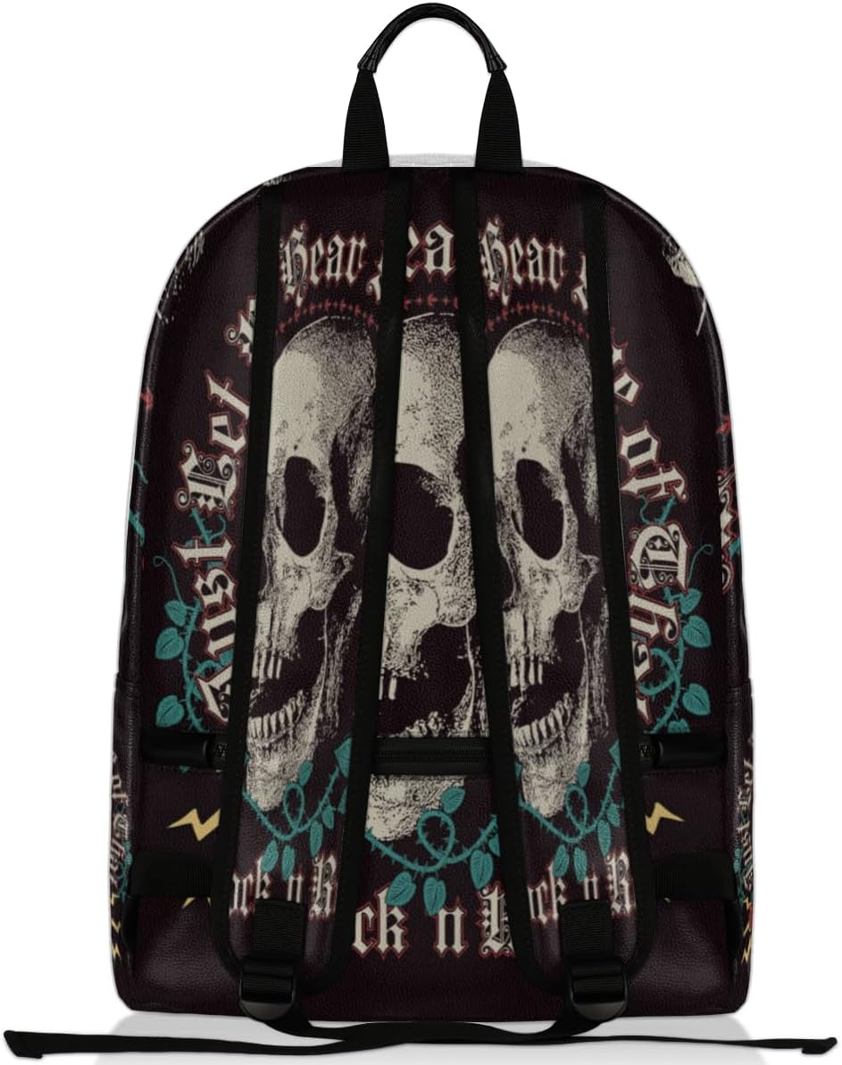 17-Inch Rock In Roll Skull Roses Laptop Backpack Full Print PU Leather Backpack with Adjustable Shoulder Strap Large Capacity Travel Weekender for Work Travel Hiking