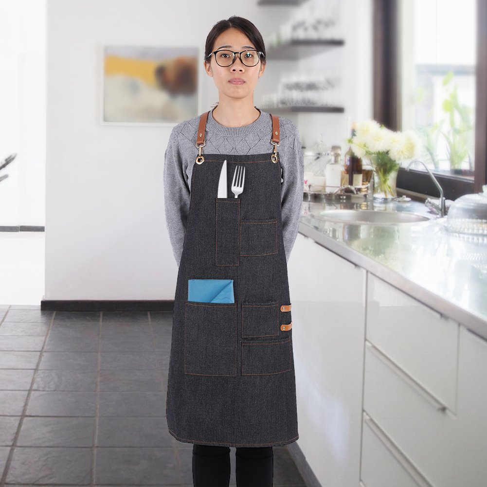 Tablier De Travail Jean Tablier De Chef Réglable Avec Sangles Croisées En Cuir Multi-poche Pour Femmes Hommes Artisans Peintre Artisanat Travailler(#C)