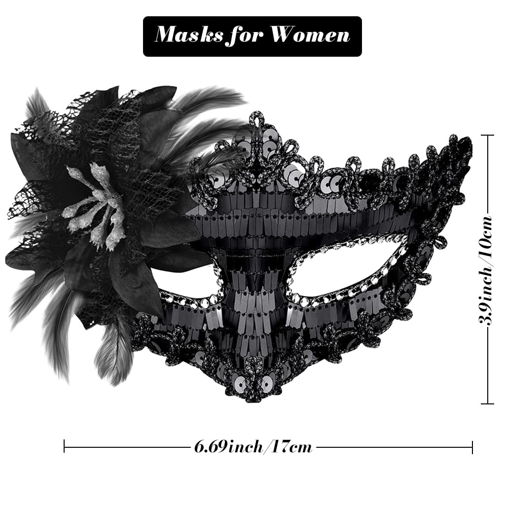 PATPAT® 2 Pack Black Masquerade Mask for Women & Men, Venetian Carnival Halloween Cosplay Party Mask, Couple Venetian Masks Sequin Face Cover Masks for Party Night Club Carnivals Masquerade Balls 1