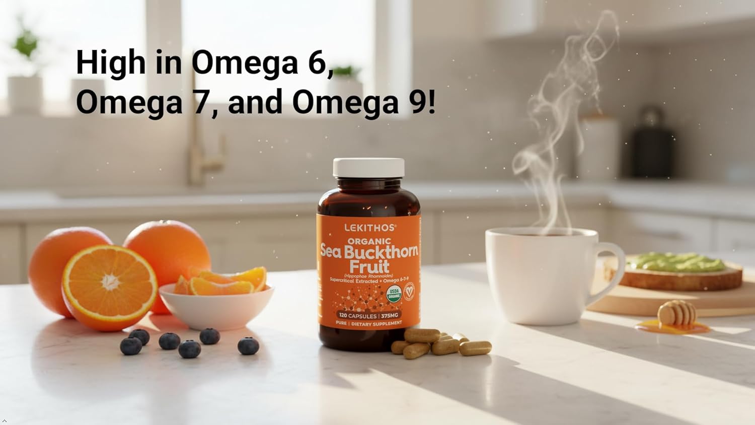 Sea Buckthorn Capsules, 120 Count Powder Capsules, USDA Organic Superfood Supplement Complete with 1125mg Per Serving, Omega 6 and 7, Omega 9 - Image 3