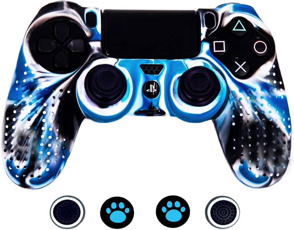 Anti-Slip Silicone Controller Cover Protective Skins for PS4/SLIM/PRO Controller with 4 Thumb Grip Caps (White&Blue)