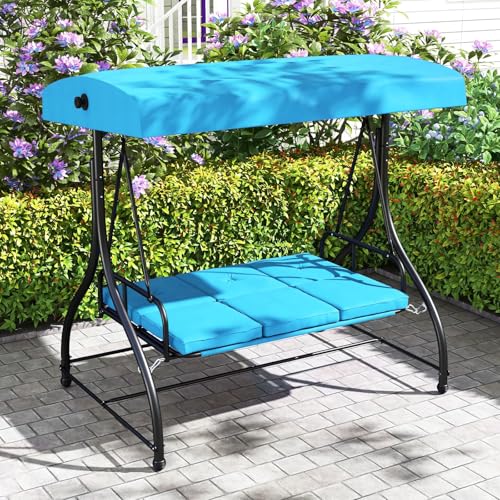 Image of HAPPYGRILL 3-Seat Outdoor Porch Swing, 2-in-1 Swing Glider with Adjustable Canopy, Removable Cushions, Foot Pad, Curved handrails, Outdoor Swing for Patio Yard Garden Balcony Backyard (Turquoise)