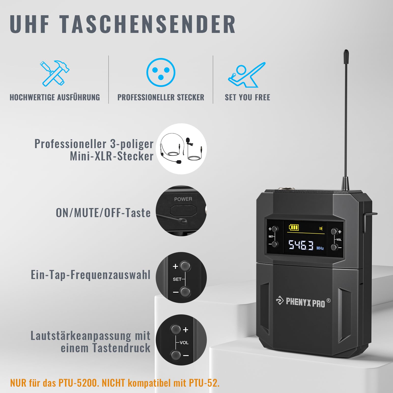 Phenyx Pro Drahtloses Mikrofonsystem, 4-Kanal-Drahtlosmikrofon-Set mit Hand-/Taschen-/Kopfbügel-/Ansteckmikrofonen, schnurloses Mikrofon für Gesang, Karaoke, Kirche (PTU-5200-2H2B)