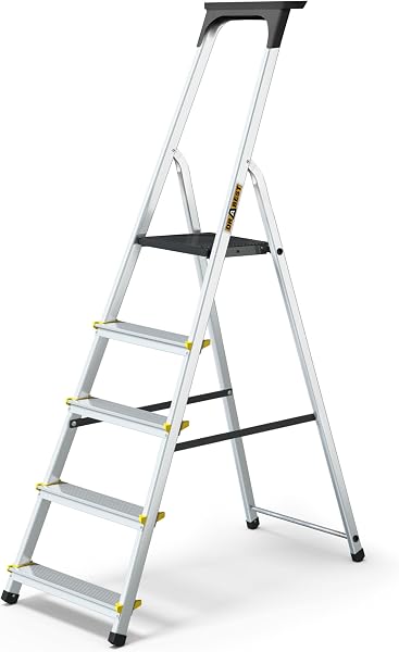 Drabest SERIA PRO Drabina Aluminiowa 5-Stopniowa Drabina Domowa 150 KG – Drabina Aluminiowa Z Antypoślizgowymi Stopkami