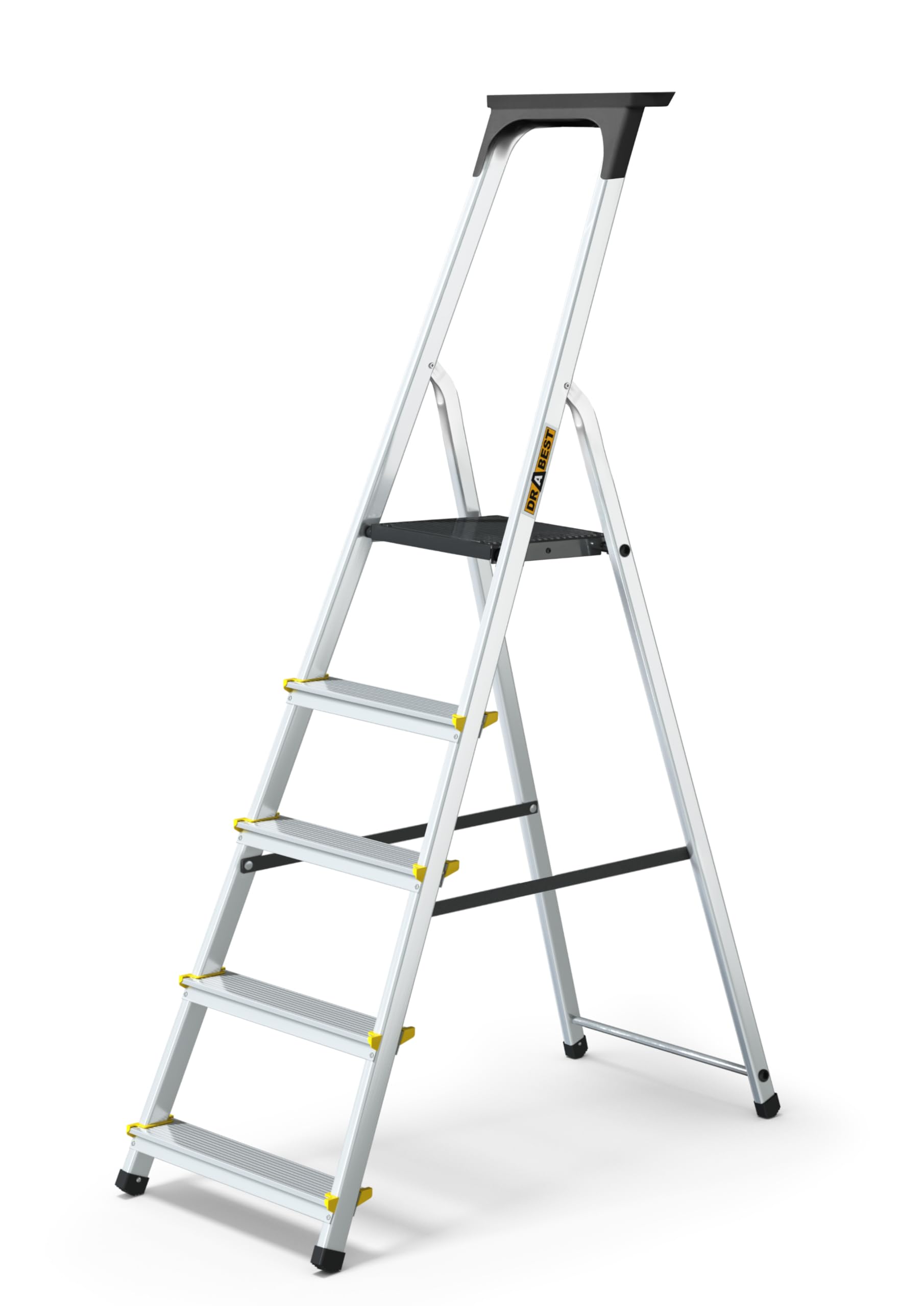 Drabest PRO-SERIE LADDERS 5-Traps Aluminium Huishoudladder met Leuningen 150kg - Aluminium Trapladder – Ladders Multifunctioneel – Opvouwbare Opvouwbare Trapladder – Aluminium Ladders – 45x170x12 cm