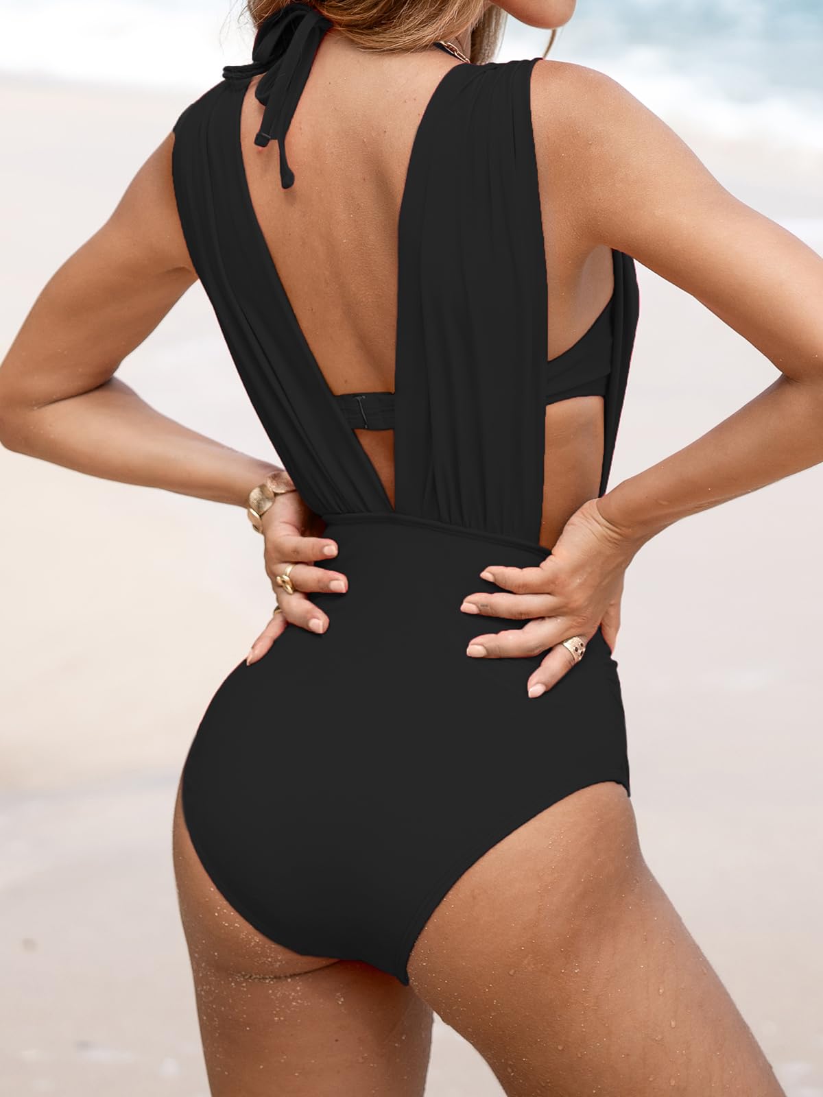 CUPSHE Damen Badeanzug Tiefer V Ausschnitt Raffung Bauchweg Neckholder Push Up Knoten Bikini Oberteil Elegant Dreiteiliger Badeanzug Swimsuit