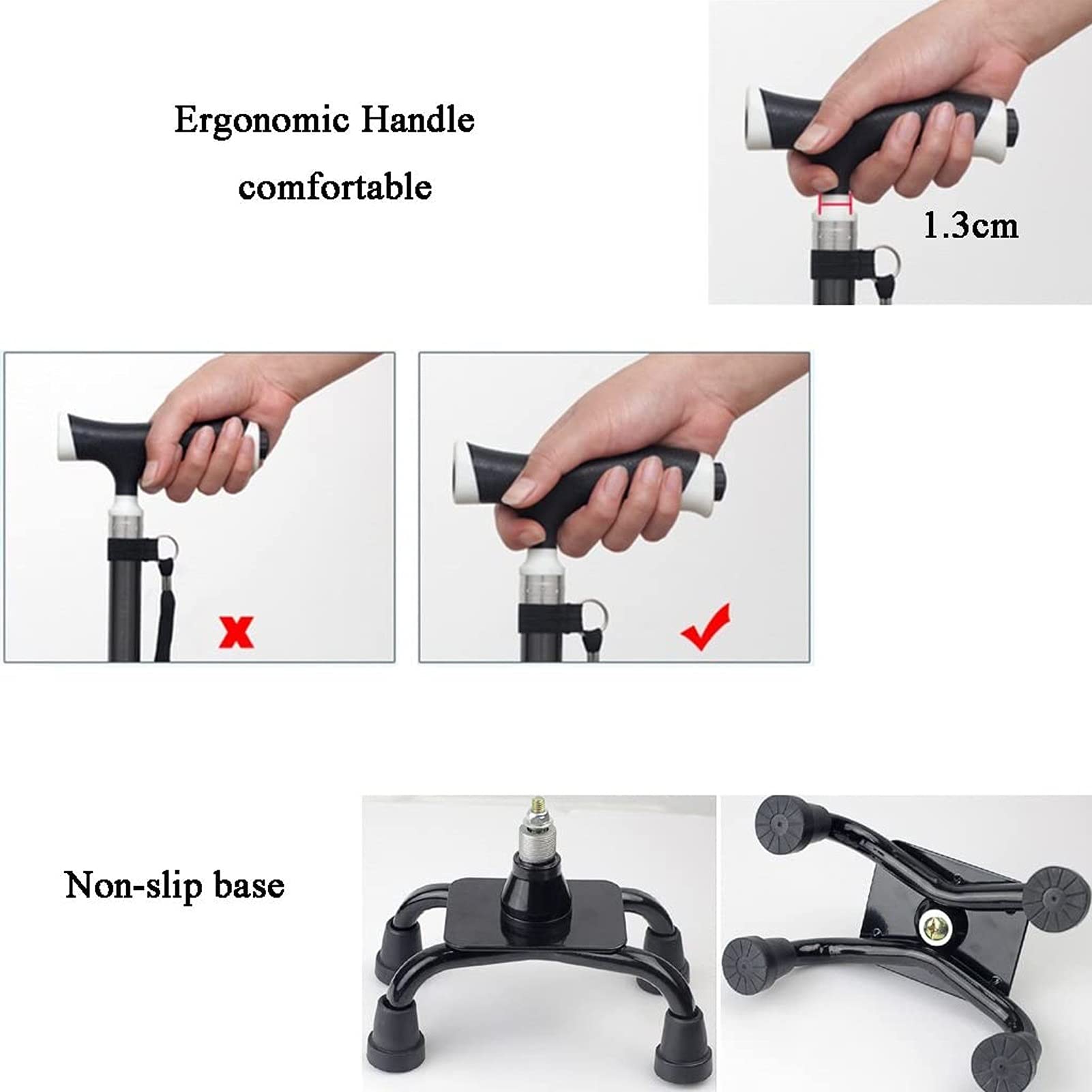 Bastón con luz led, bastón de bastón Ajustable con Hombres y Mujeres, bastón para Viajes portátiles-Plegable Equilibrio Movilidad de Movilidad (Color : Negro)