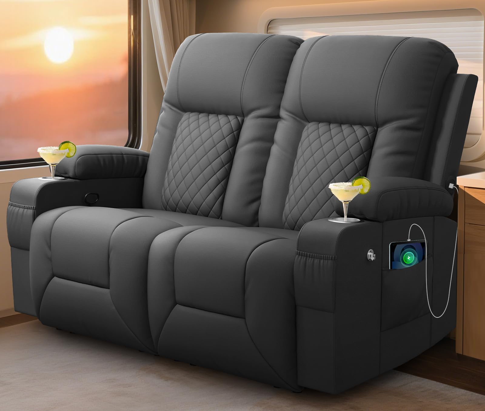 MOSGAT RV Loveseat Recliner Sofa, Reclining Loveseat Wall Hugger Recliners with USB Ports, Cup Holders, Insert Pockets, RV Recliners for Travel