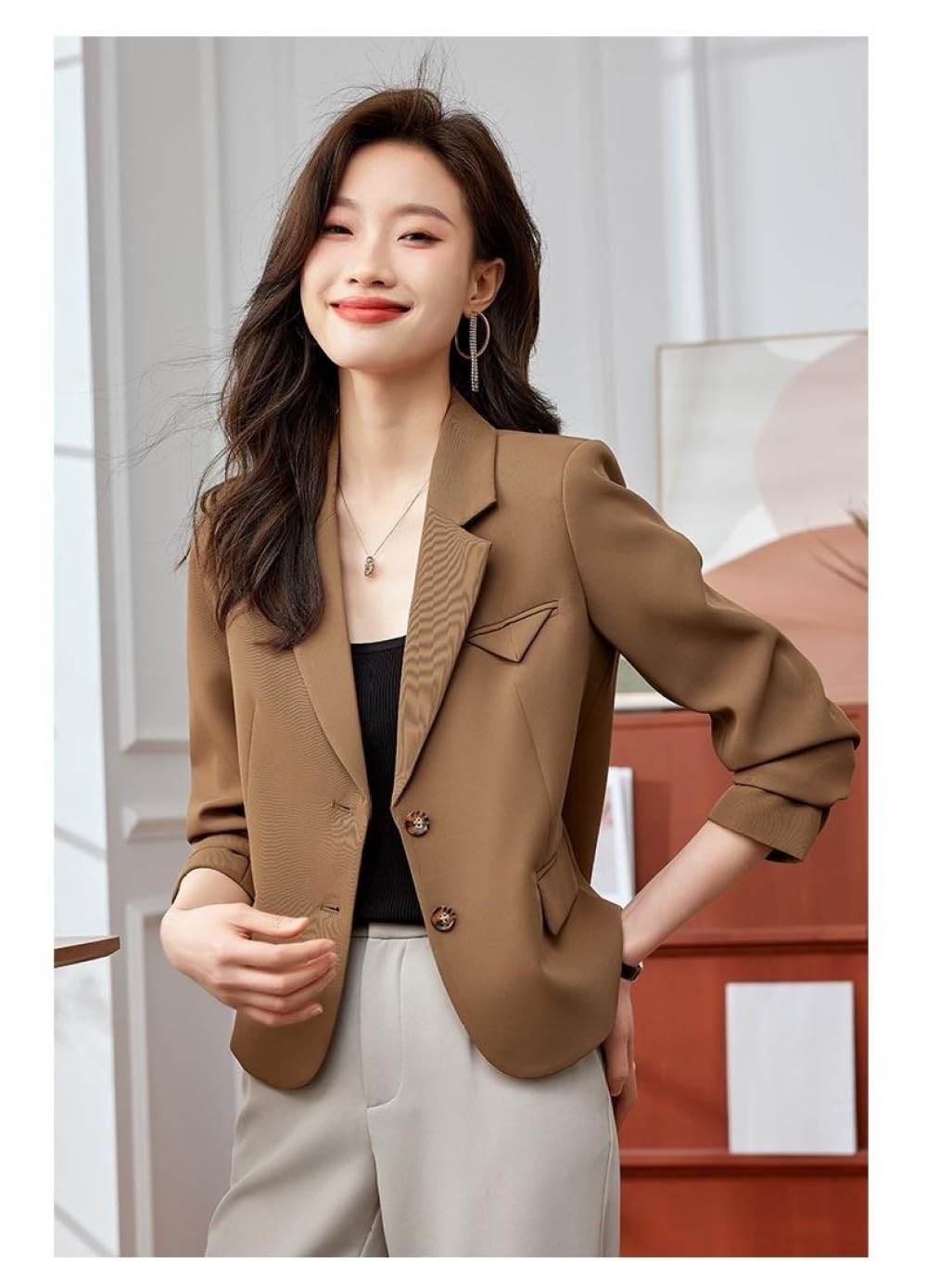Blaser Jacke Damen,Damen-Blazer Mit Langen Ärmeln, Gekerbtes Revers, Lässige Strickjacke Mit Offener Vorderseite, Beige, Weiße Dreieckige Taschen, Knöpfe, Mantel, Abendanzugjacken, Business-Smar