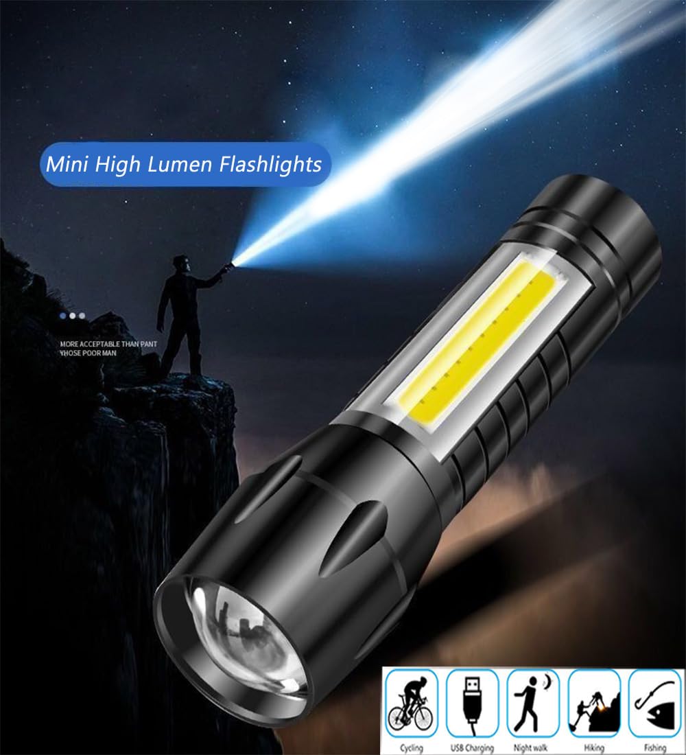 CLEZGO Lampe torche LED d'urgence rechargeable par USB, 3 modes de mise au point réglable, lampe de poche LED étanche portable avec lumières latérales COB, meilleure lampe torche tactique pour ouragan