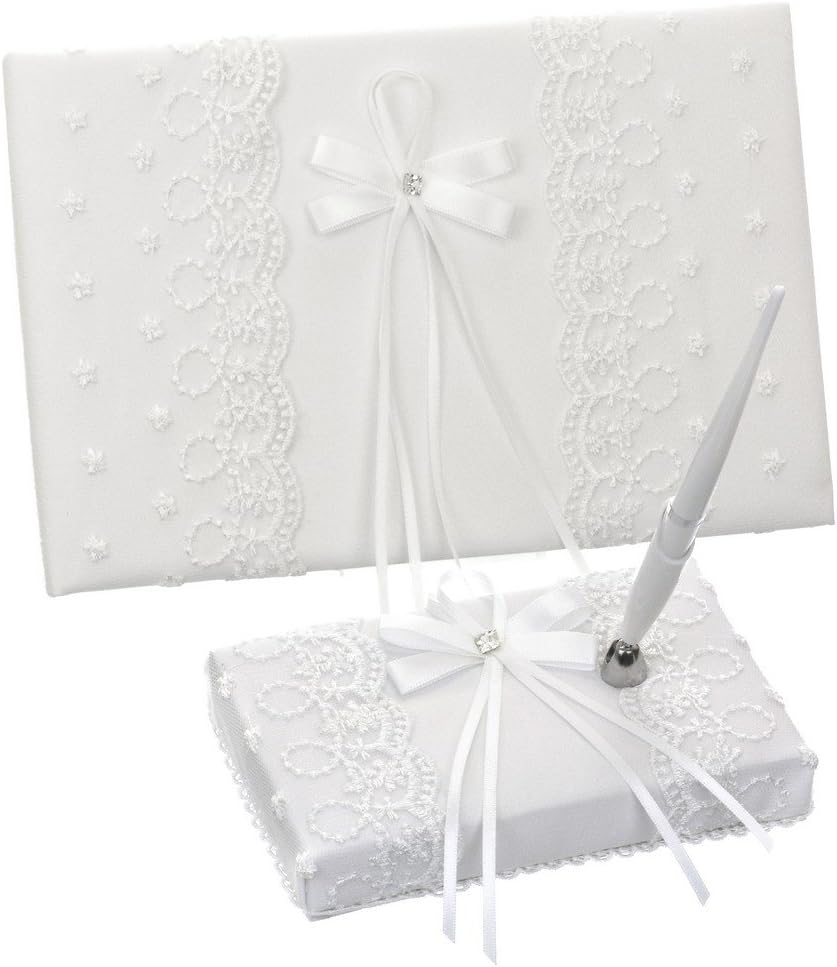 Lace Organza Crystal Stud Ribbon Wedding Guest Book and Pen Set: 2-Item Bundle - White