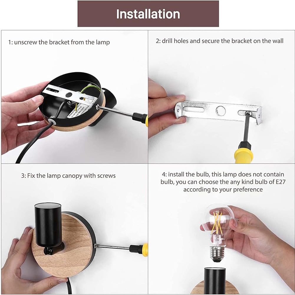 ZBZFGE Vintage Wandlampe Innen mit Schalter und Stecker Wandleuchte 360°+90° drehbar Holz Wandstrahler Schwarz Retro Industrie Wandbeleuchtung Metall für Schlafzimmer Wohnzimmer Treppenhaus