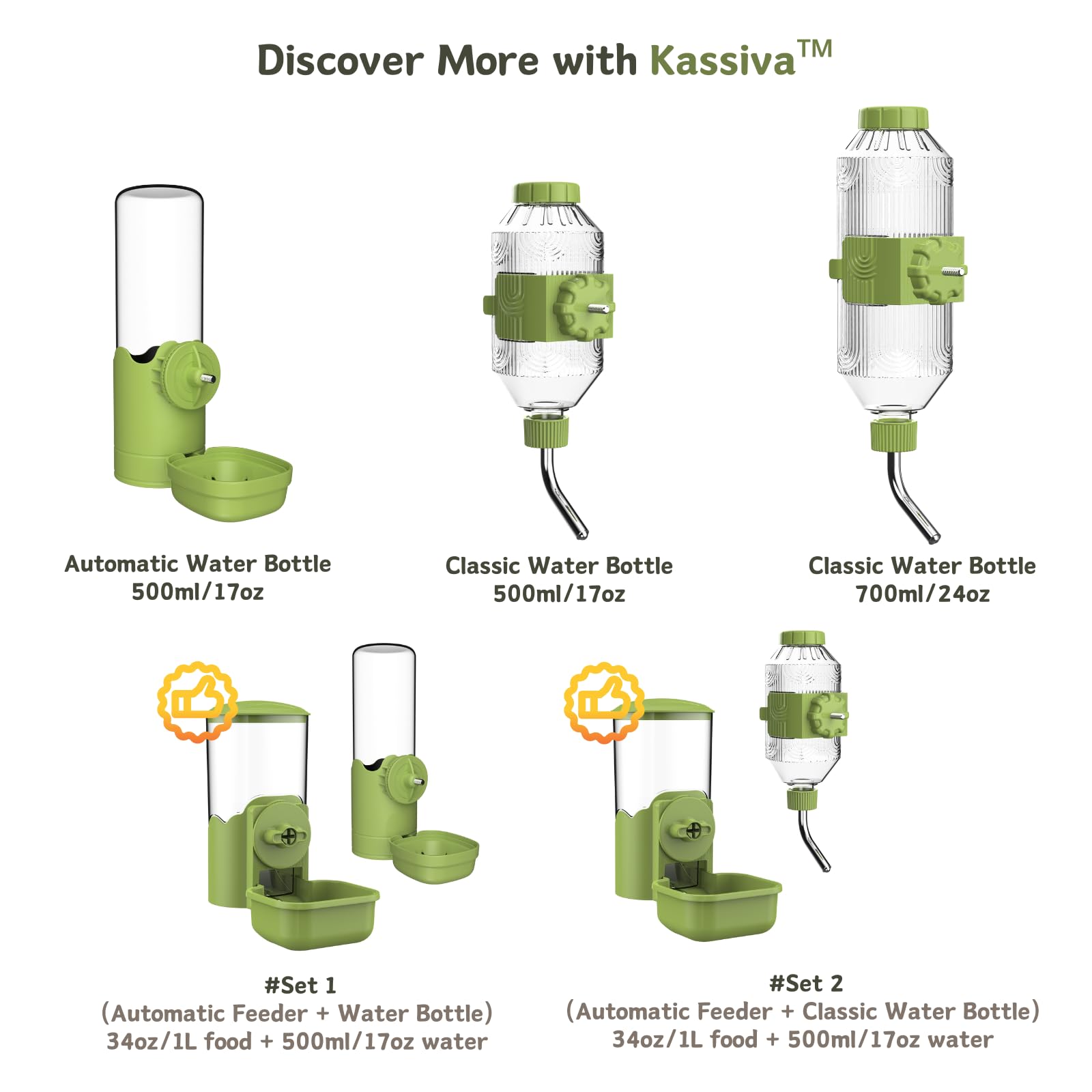 Automatic Pet Food Water Dispenser, Auto Gravity Pet Feeder Water Bottle Set for Cage, Feeding Station for Puppy Kitten Rabbit Guinea Pigs Chinchilla Ferret Hedgehog (Green)