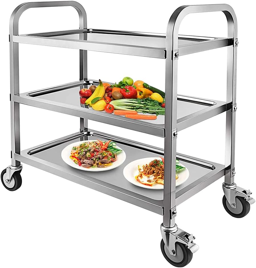 Nisorpa 3 Tier Stainless Steel Catering Trolley Wheels Utility Cart Kitchen Cart Serving Trolley with Locking Wheels for Kitchen Hotels - 750x400x835MM