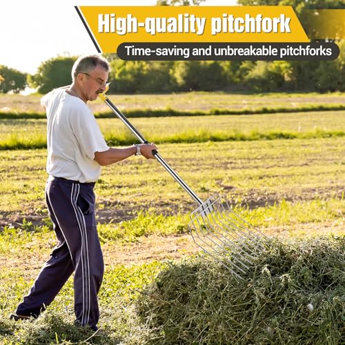 AugFir Pitchfork for Gardening, 50\" Multifunctional Stainless Steel Garden Pitchfork with Handle, Suitable for Shoveling, Fertilizing, Transplanting, Mulching Garden Fork - 10 Tines