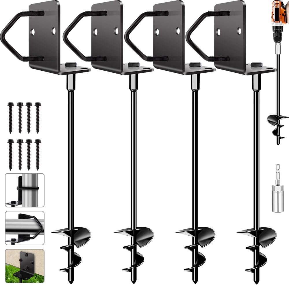 Ground Anchors Screw in 14 Set of 4 Trampoline Stakes Heavy Duty Mobile Home Anchors - Storage Shed Anchors - Playset Swing Set Anchors - Anchors for Fence,Carport,Garden Anchors (4 x 14in)