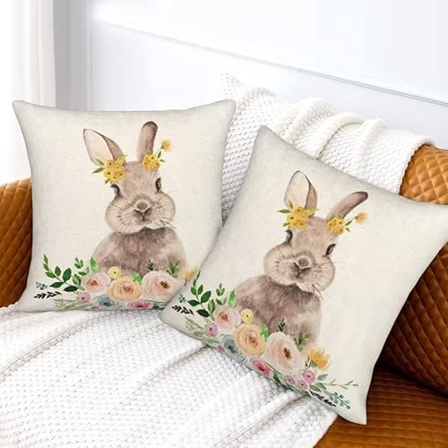 Miniatura 5 de Sunshineyan Juego de 2 fundas de almohada de Pascua de 18 x 18 pulgadas fundas de almohada florales de Pascua de conejo fundas de cojín decorativas