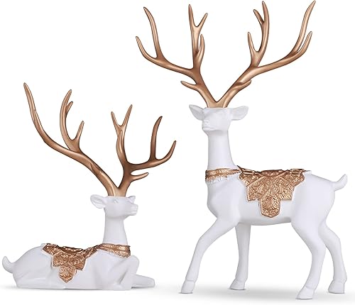 Juego de 2 estatuas de reno de Navidad, estatua de cervatillo en estante, decoración moderna azul para el hogar, decoración de mesa de Navidad de