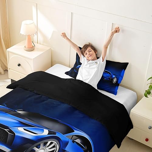 Vista 7 de Feelyou Juego de funda de edredón deportiva, juego de ropa de cama azul de carreras para niños, deportes extremos, funda de edredón de velocidad