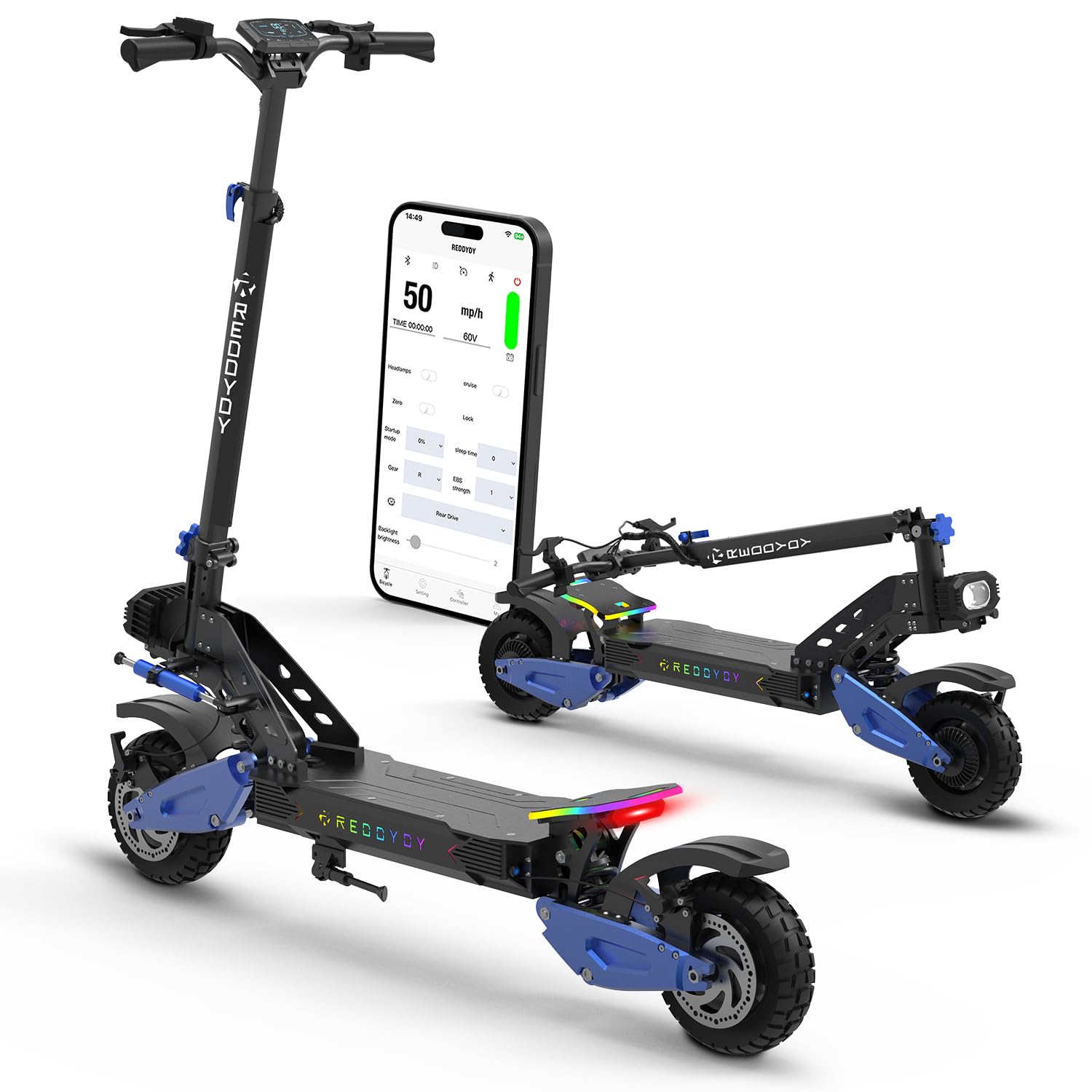 REDDYDY RD2 Off-Road Electric Scooter for Adults, 5000W Dual Motor, 60V 25Ah, Up to 50 MPH, 55 Miles Long Range, 10.5" Pneumatic Tires, Foldable Commuter E-Scooter