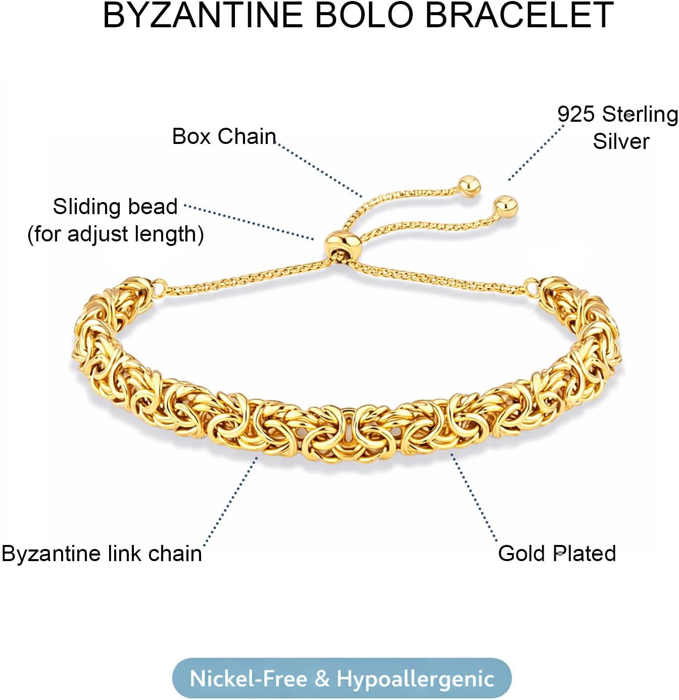 LeCalla 925 Sterling Silver Sliding Bracelet Italian Handmade Byzantine Adjustable Bolo Link Chain Bracelets for Women - Image 3