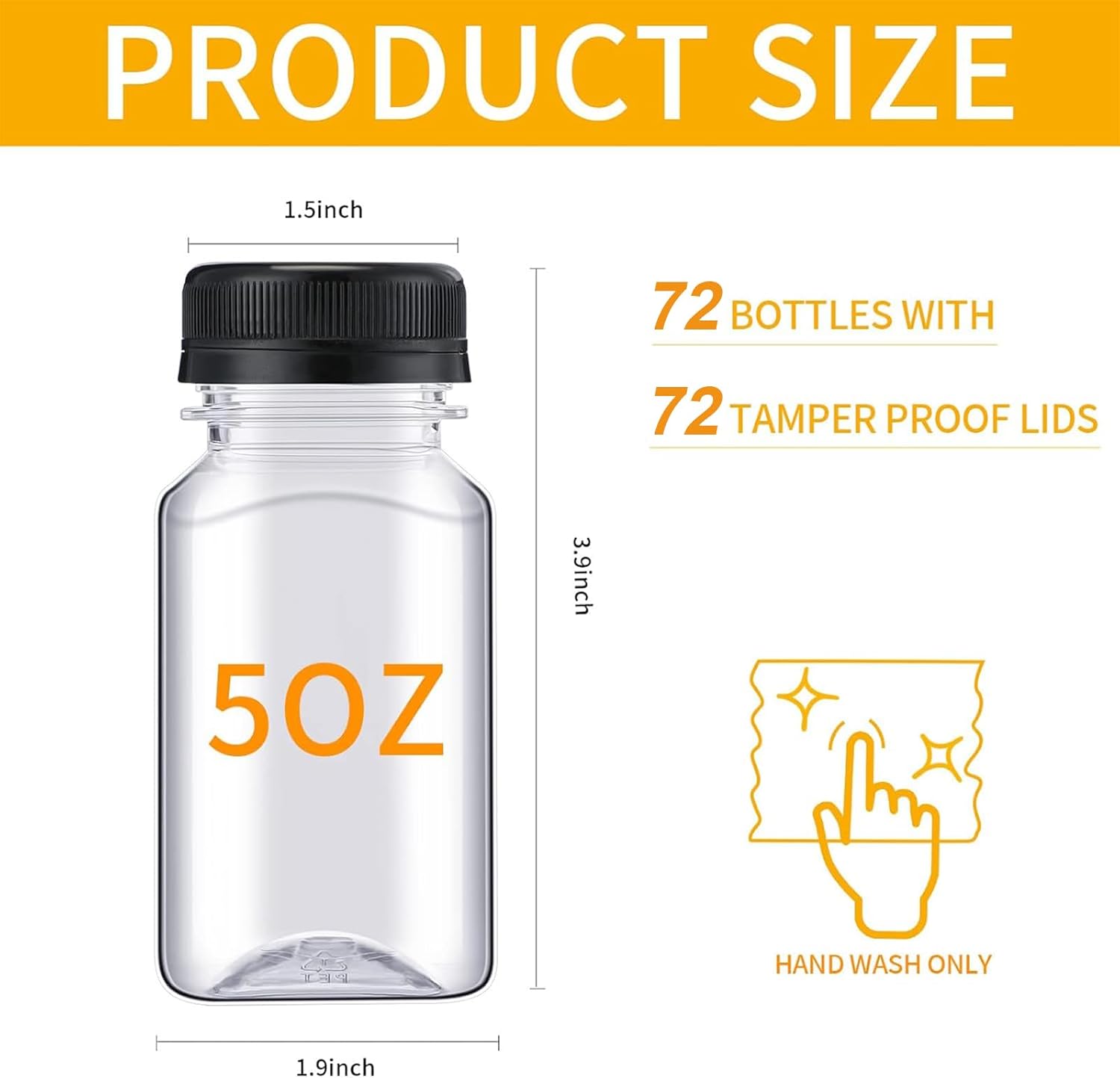Nuogo 72 Pack 5 oz Plastic Juice Bottles Bulk with Lids Reusable Transparent Clear Drink Containers Caps Mini Bulk Beverage Water Bottle with Funnel and Brush for Juicing Milk Drinking (Black Lid)