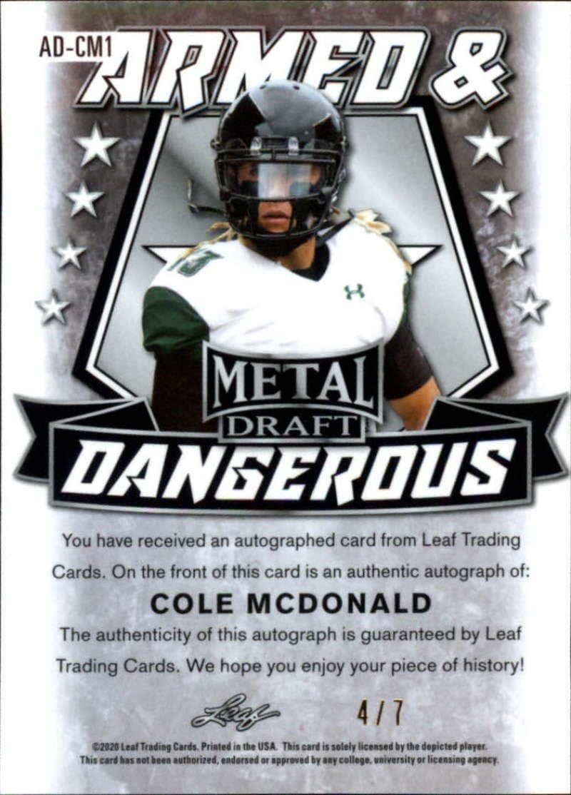 2020 Leaf Metal Draft Armed and Dangerous Autograph Crystal Purple Football S7#AD-CM1 Cole McDonald Auto Hawaii Official Player Licensed Rookie Card