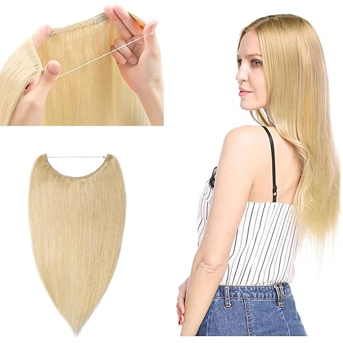 100% Human Hair Extensions Human Hair Wire In Hair Extensions One Piece Secret Fish Line Hair Piece Transparent Invisible Rubber Band With 2 Clips Long Silky Straight #613 Bleach Blonde 20'' 70g