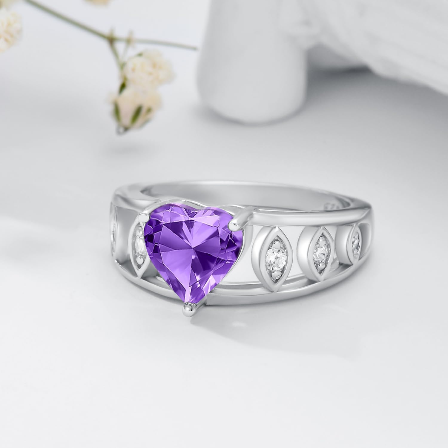 2CT Natural Genuine Amethyst Ring for Engagement 925 Sterling Silver 8mm Heart Cut Purple Amethyst Ring