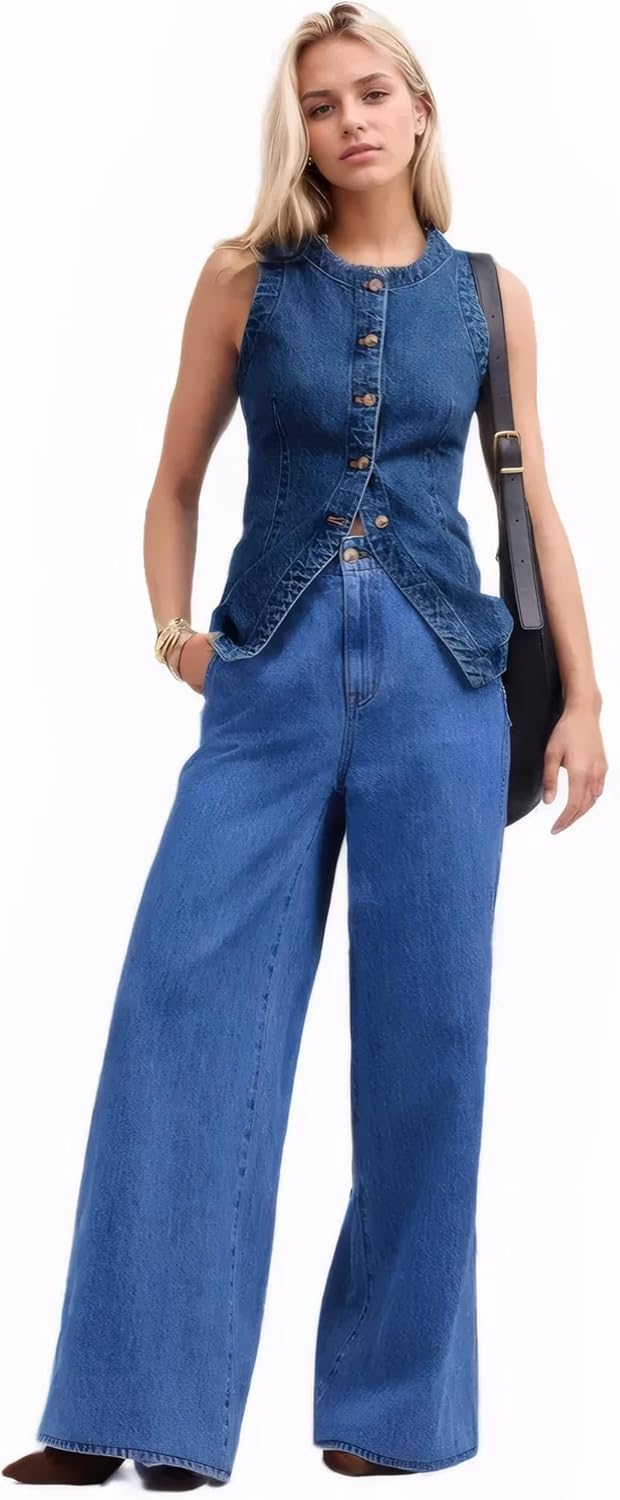 D-Sun Women Denim Vest Sleeveless Crewneck Button Down Jean Waistcoat Casual Front Slit Slim Denim Tank Top - Image 5