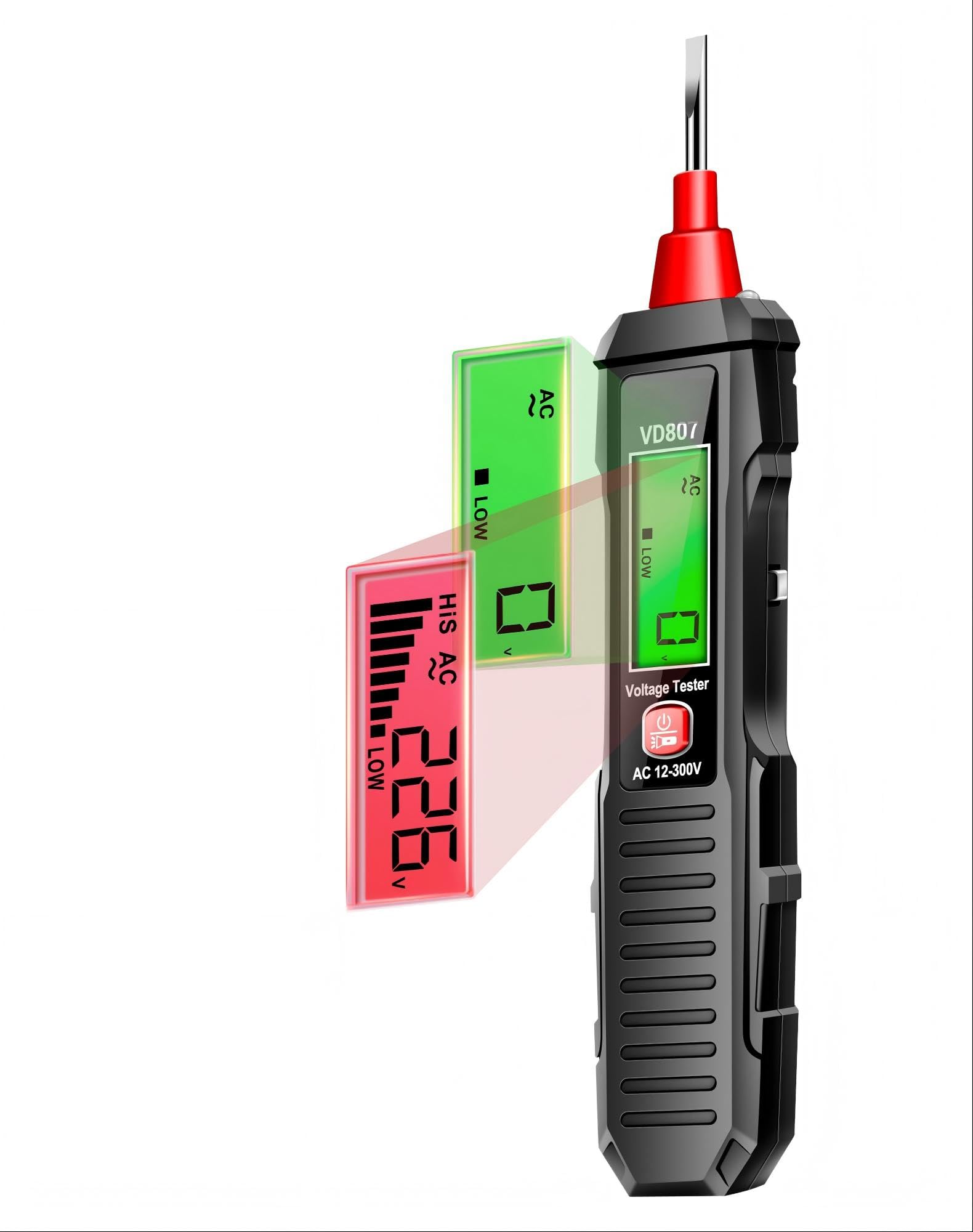 VD807 Non Contact Voltage Tester, Electrical Tester Pen, Range AC Voltage, Light Bulb Tester Tools with LCD Display, Flashlight, Pocket-Sized Pen Detector, Buzzer Alarm, Wire Breakpoint Finder, Black