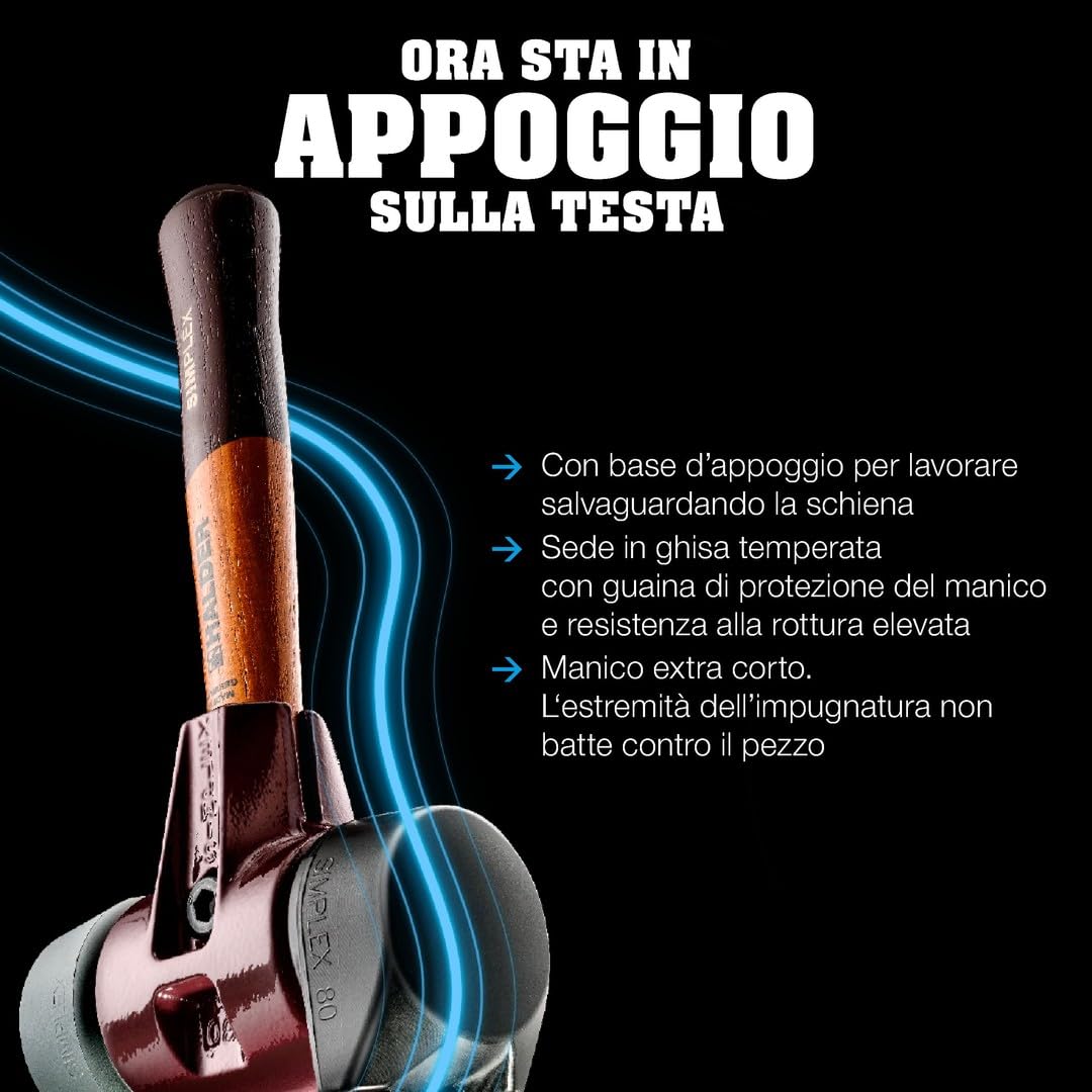 Simplex 3027.282 - Martello in gomma, con supporto in ghisa malleabile e manico in legno extra corto di alta qualità | D = 80 mm/design manico = extra corto