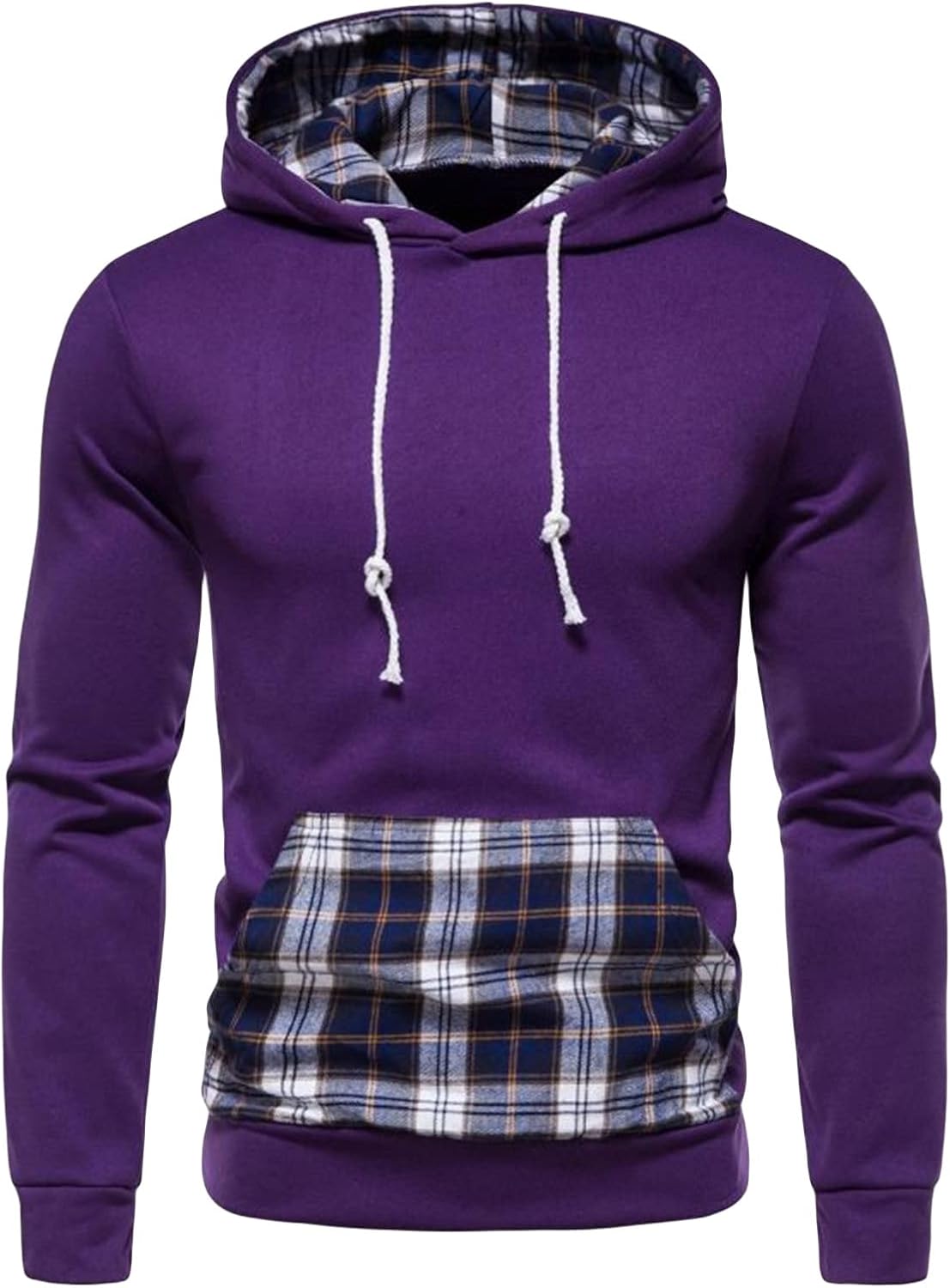 DGHM-JLMY Men's Casual Side Seam Hooded Plaid Lattice Tops Jacket with Hood Plaid Shirts Splice Sweatshirt With Pocket