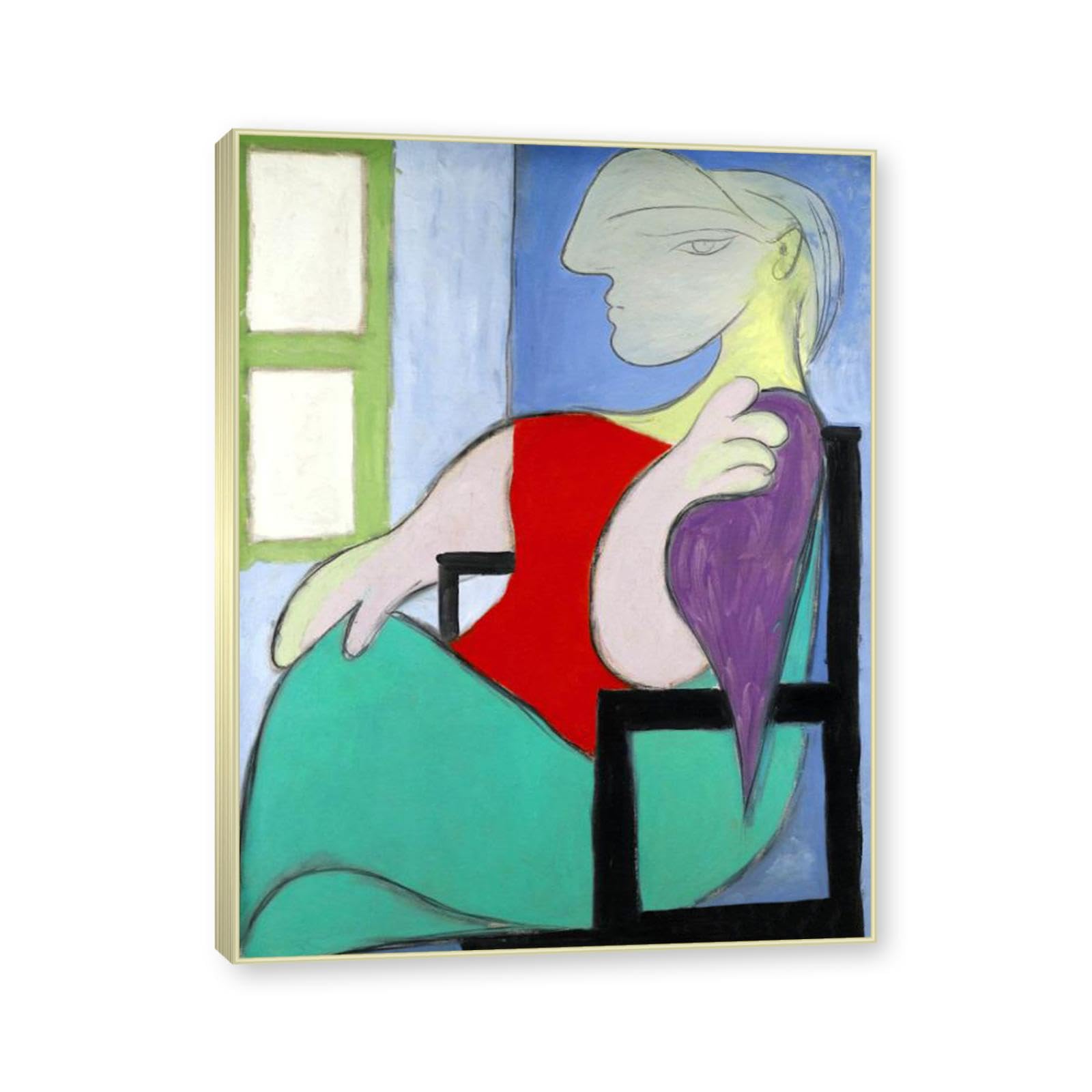 NHLDZYH Szampańska srebrna ramka - Picasso wydruk na płótnie obraz kobieta siedząca w pobliżu okna - Picasso obrazy na płótnie z ramą - Picasso Picasso wydruk na płótnie 40 x 50 cm