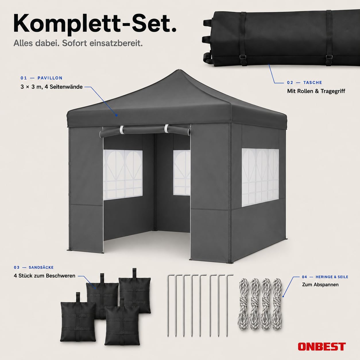 ONBEST Pavillon 3x3 m – Faltpavillon Pop-up mit Seitenwänden, Grau