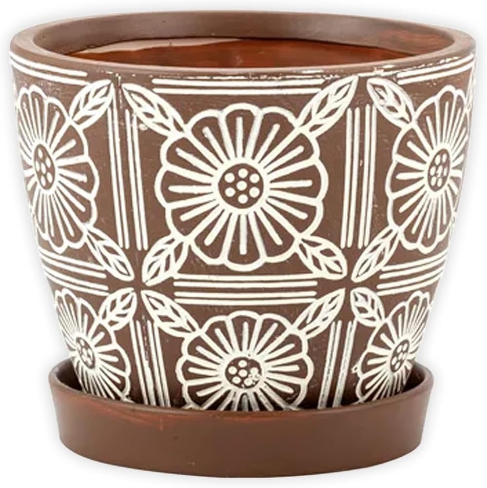 Napco 13947 Rustic Flower White and Brown 5.5 x 5.5 Ceramic Standing Container Garden Planter Pot with Saucer