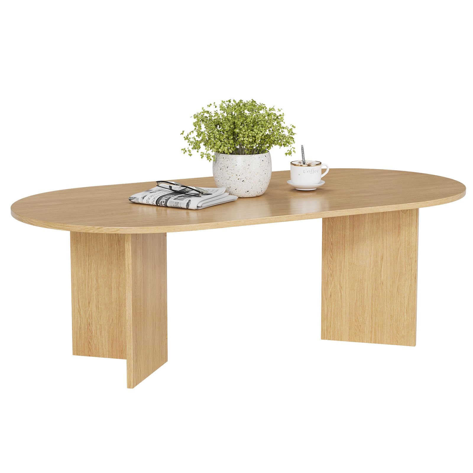 YOUDENOVA Mesa de centro ovalada de madera moderna, mesa de salón con estante, mesa de café, mesa pequeña para salón, roble natural, 120 x 60 x 40 cm