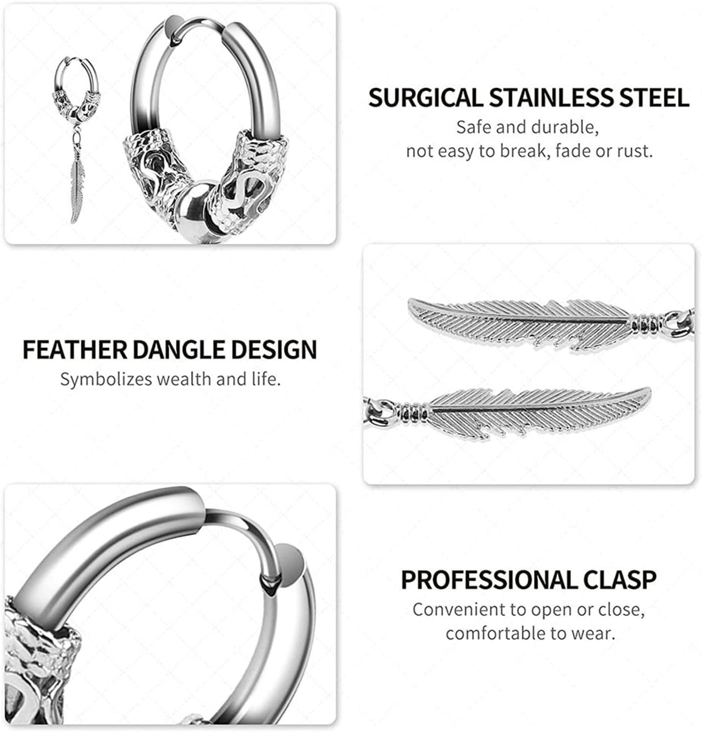 Stainless Steel Punk Drop Dangle Hinged Earrings Feather Gothic Mens Earring Black Huggie Hoop Earrings for Men and Women Wearing Jewelry - Image 6