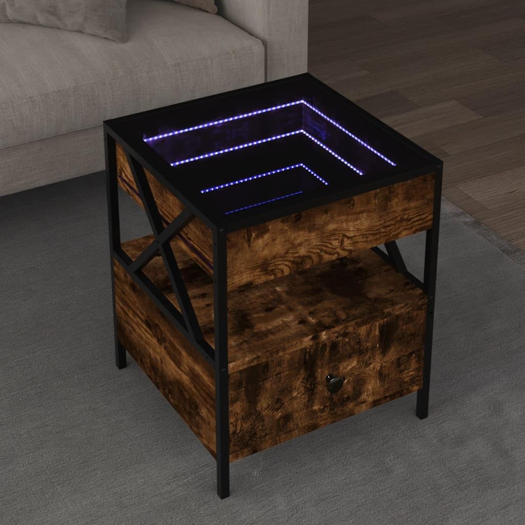 Stolik kawowy, stolik kawowy, stolik kawowy z diodami LED Infinity dąb wędzony, 40 x 40 x 51 cm, do salonu, biura domowego