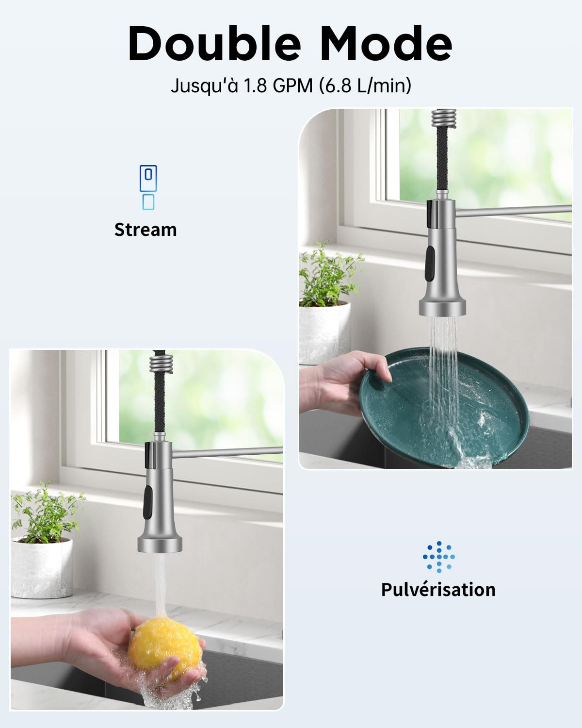 Robinet de Cuisine, Mitigeur de Cuisine Commercial à Ressort, Robinet à Simple Levier en Acier Inoxydable avec Bec Pivotant 360° et 2 Modes de Pulvérisation, Nickel Brossé