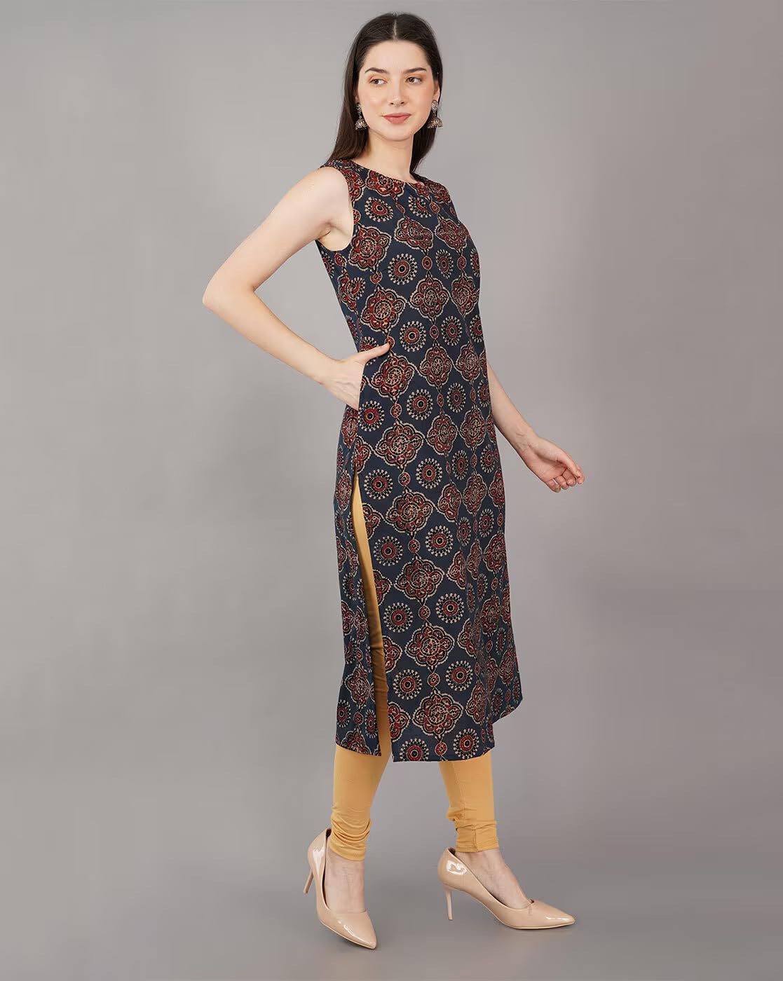Patlani Women's Cotton Blened Sleeveless Printed Full Stitched Kurti.(K-199) Dark Blue