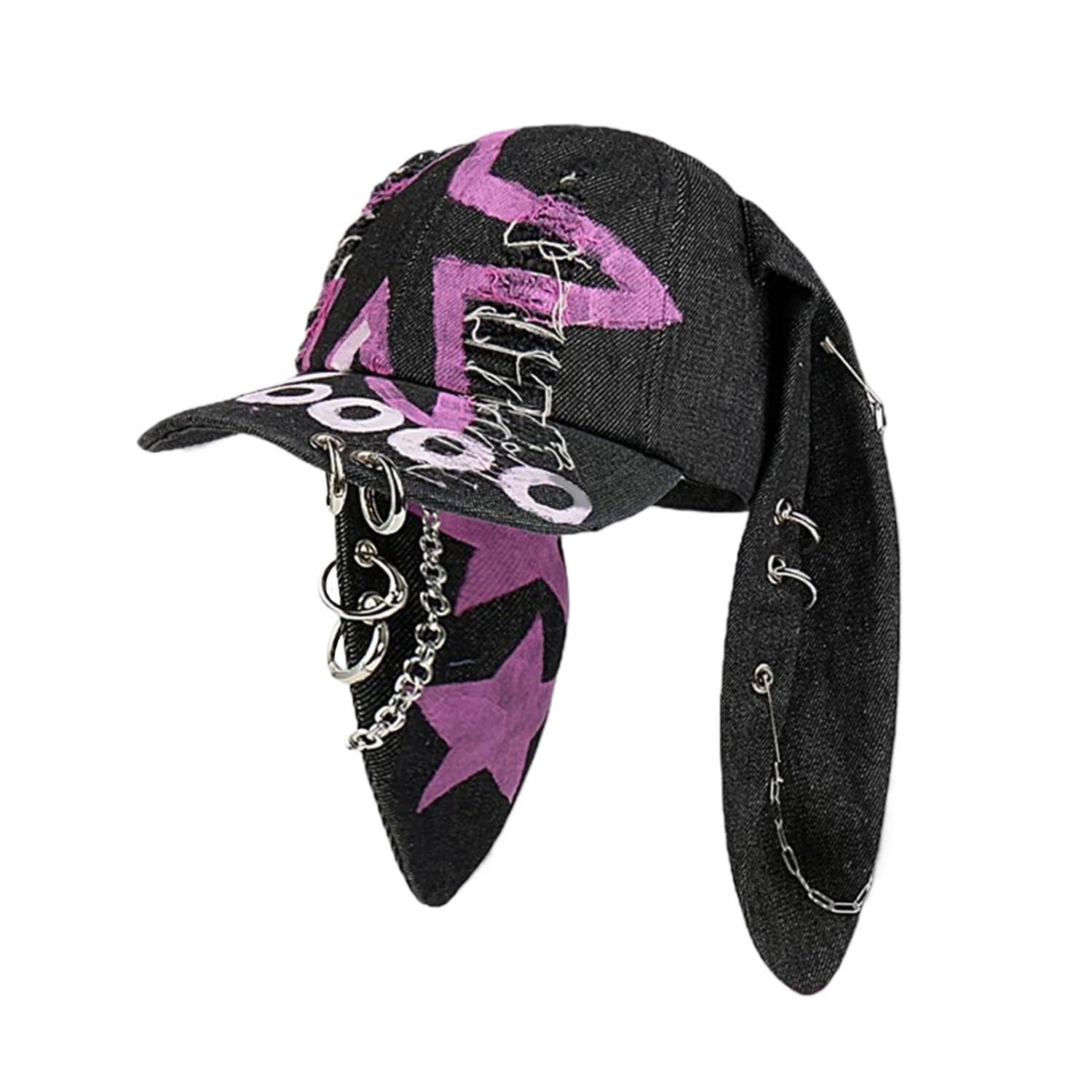 Cynefoa Y2k Grunge Hat Denim Bunny Ear Cap Distressed Baseball Cap Iron Ring Punk Kpop Outfits for Women Accessories Unisex(Black Star)