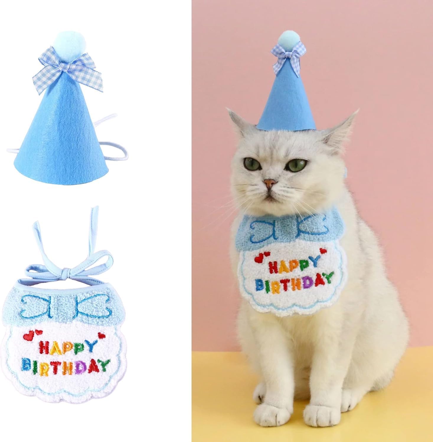 Lonimia Dog Cat Birthday Hat Scarf Set,Cute Pet Birthday Party Supplies Decoration Set,Embroidered Birthday Gift for Girls Boys Kitten Dog blue