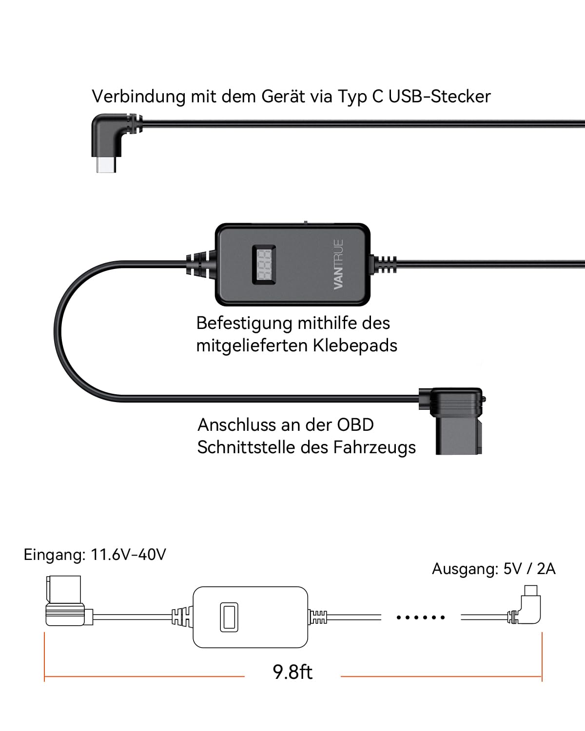 VANTRUE USB C Display OBD Hardwire mit 3 Stufen für alle Vantrue Dash Cam Halterung, Niederspannungsschutz 11.6V/12V/12.4V, 23.6V/24V/24.4V, 24 Std. Parküberwachung, 3 Meter Lang (VP04)