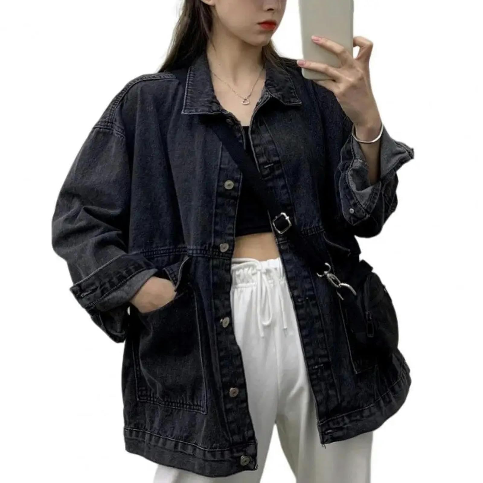 Giacca Uomo Giacche Jeans per Donne alla Moda Sovradimensionati Oversize Giunta di Cassa Caduta con Tasche con Tasche