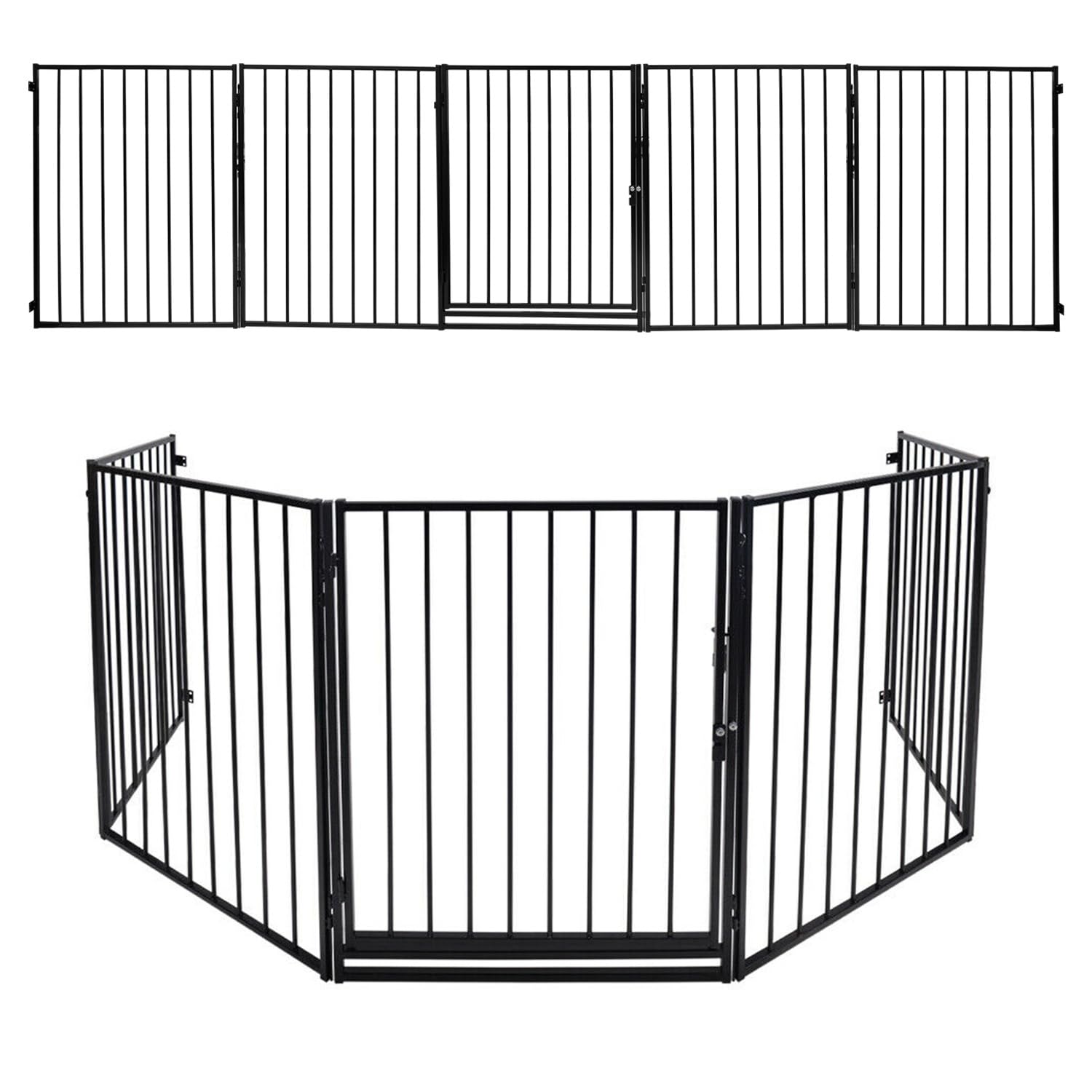 Rejilla protectora plegable para mascotas, juego de 5 piezas con puerta, rejilla protectora para chimenea con puerta de 304 cm, color negro, fijación a la pared, cada elemento 60 x 76 cm