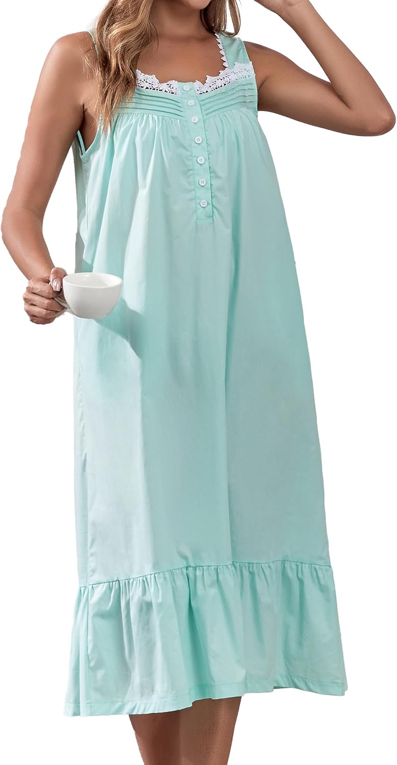 100% Cotton Nightgowns For Women Sleeveless Night Gown Long Sleep Dress With Pockets