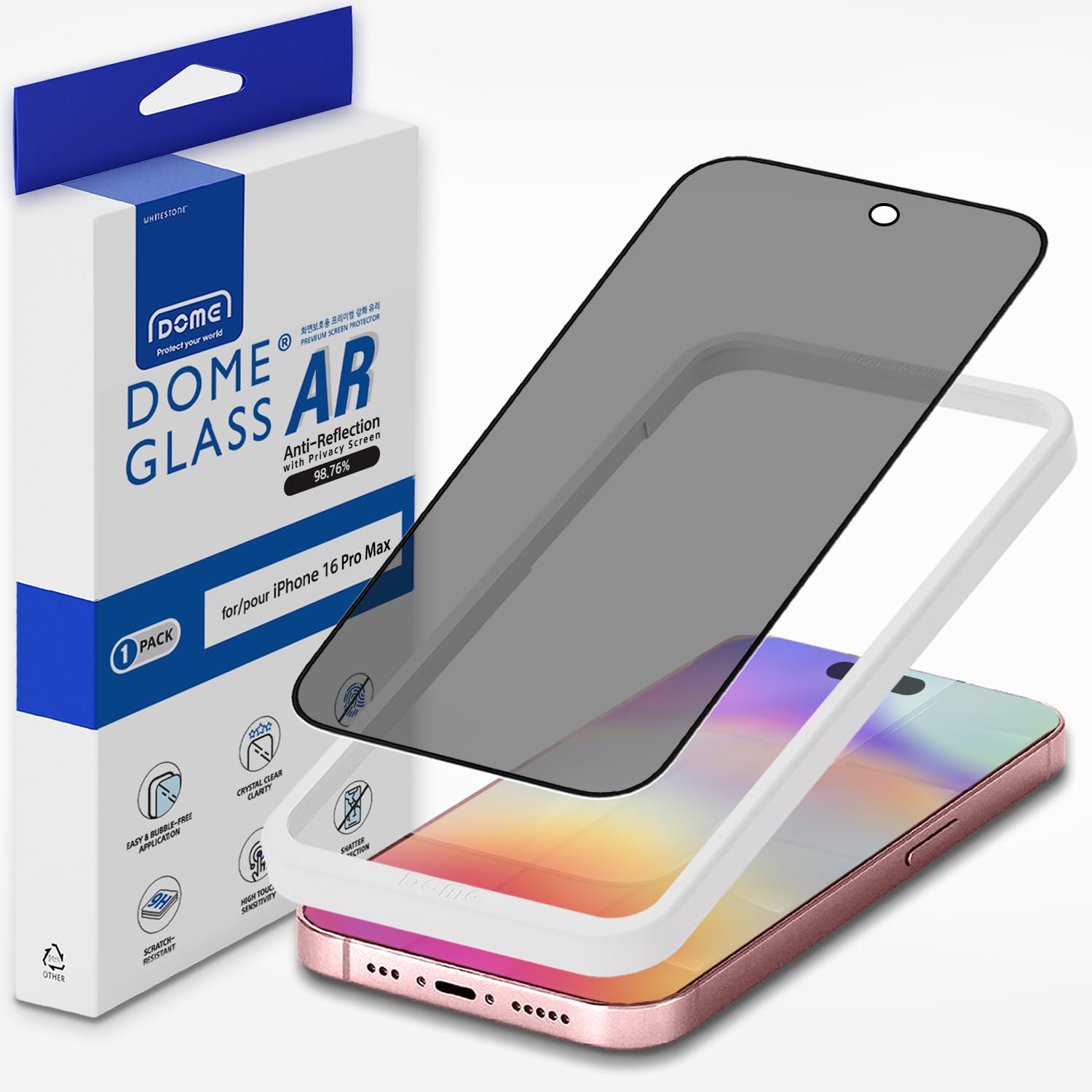 DOME GLASS Whitestone DOME AR Privacy [Super Anti-Reflection & Privacy] Tempered Glass Screen Protector for iPhone 16 Pro Max with Easy Installation Tool [1Pack]