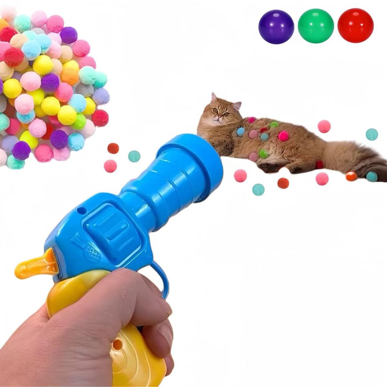 34Pcs Cat Toy Ball Launcher Gun, Cat Balls Fetch Toy, Plush Fuzzy Balls Shooting Cat Toy, A Toy Gun Launcher with 30 Pompoms and 3 Bonus Balls, Interactive Toy for Bored Indoor Cats, Kitten Pet Toys